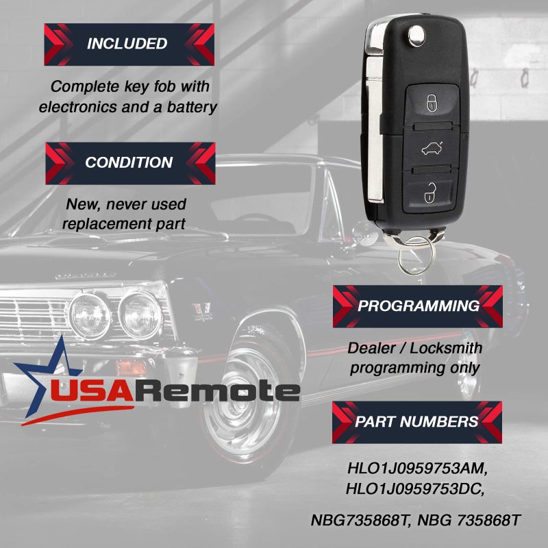 USARemote Replacement Keyless Entry Remote Flip Key Fob fits 2002 2003 2004 2005 VW Jetta, Golf, Passat (HLO1J0959753AM) - Image 3
